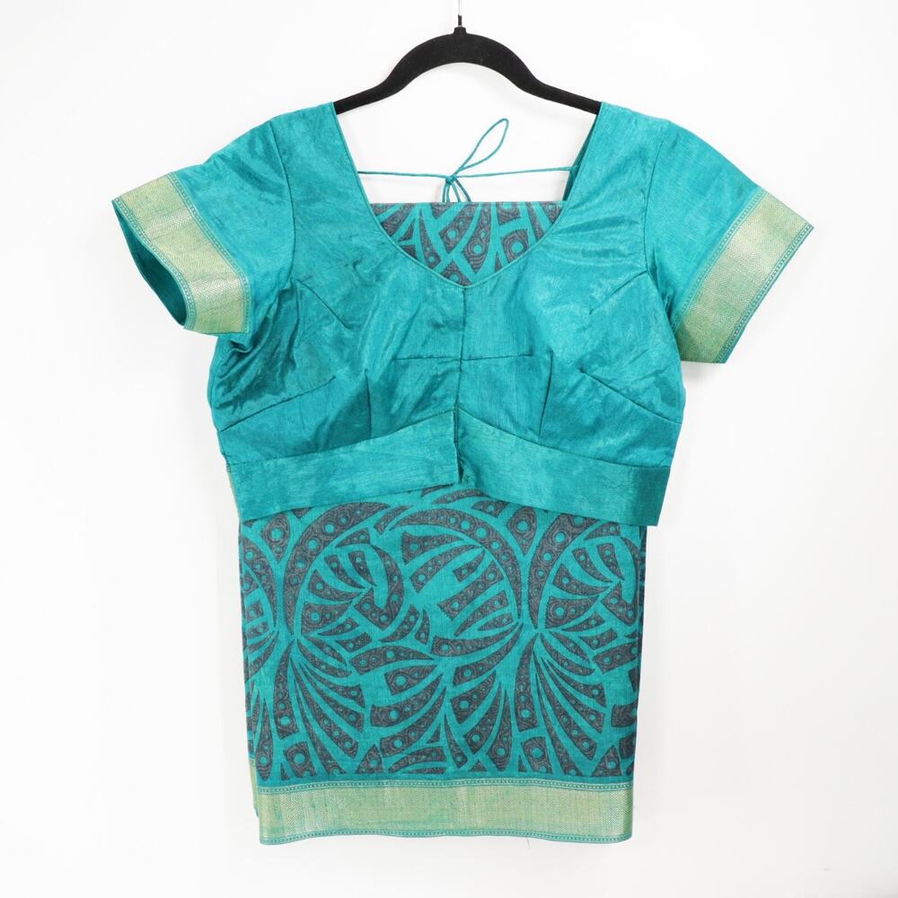 Vtg Indian Silk Saree Choli Dress Top Set Turquoise Gold Black Floral Fern Sari